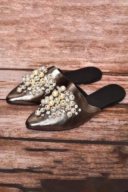 Samyukta Singhania_Grey Embellished Bead Mules_Online_at_Aza_Fashions