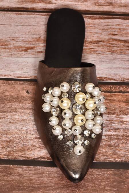 Shop_Samyukta Singhania_Grey Embellished Bead Mules_Online_at_Aza_Fashions