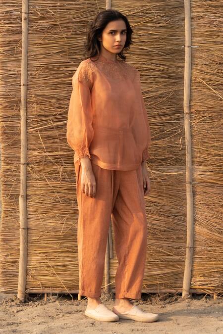 Ayaka Brown Silk Organza, Viscose Embroidery Round Neck Floral Sheer Top Online at Aza Fashions Ayaka_Brown Silk Organza, Viscose Embroidery Round Neck Floral Sheer Top _Online_at_Aza_Fashions