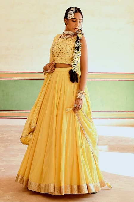 Buy_Karaj Jaipur_Yellow Cotton, Georgette Pom-poms, Pleated Lehenga And Chikankari Blouse Set _Online_at_Aza_Fashions