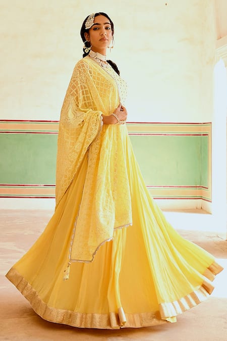 Shop_Karaj Jaipur_Yellow Cotton, Georgette Pom-poms, Pleated Lehenga And Chikankari Blouse Set _Online_at_Aza_Fashions