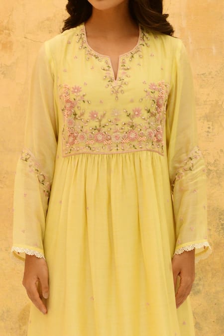 Label Niti Bothra Yellow Silk Embroidery Split V-neck Gathered Kurta And Palazzo Set Online at Aza Fashions Label Niti Bothra_Yellow Silk Embroidery Split V-neck Gathered Kurta And Palazzo Set _Online_at_Aza_Fashions