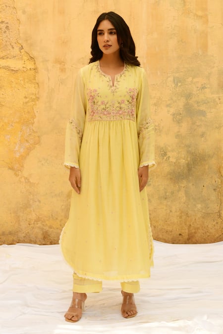 Buy Label Niti Bothra Yellow Silk Embroidery Split V-neck Gathered Kurta And Palazzo Set Online at Aza Fashions Buy_Label Niti Bothra_Yellow Silk Embroidery Split V-neck Gathered Kurta And Palazzo Set _Online_at_Aza_Fashions