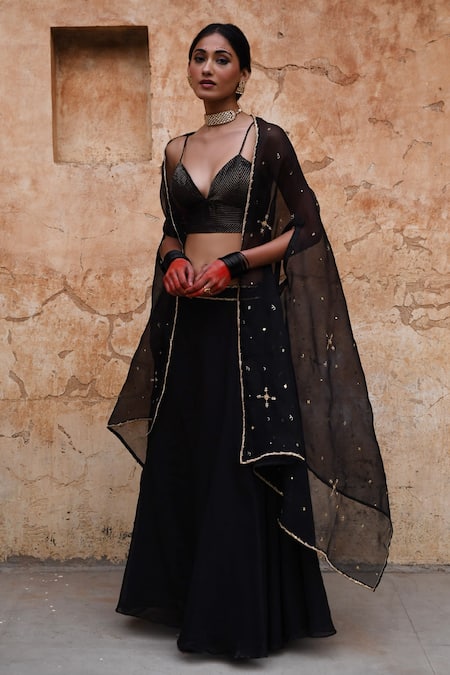 Deep Thee_Black Chanderi Sequins, Zari Plunge Neck Embroidered Cape And Skirt Set _Online_at_Aza_Fashions