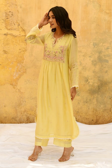 Shop Label Niti Bothra Yellow Silk Embroidery Split V-neck Gathered Kurta And Palazzo Set Online at Aza Fashions Shop_Label Niti Bothra_Yellow Silk Embroidery Split V-neck Gathered Kurta And Palazzo Set _Online_at_Aza_Fashions