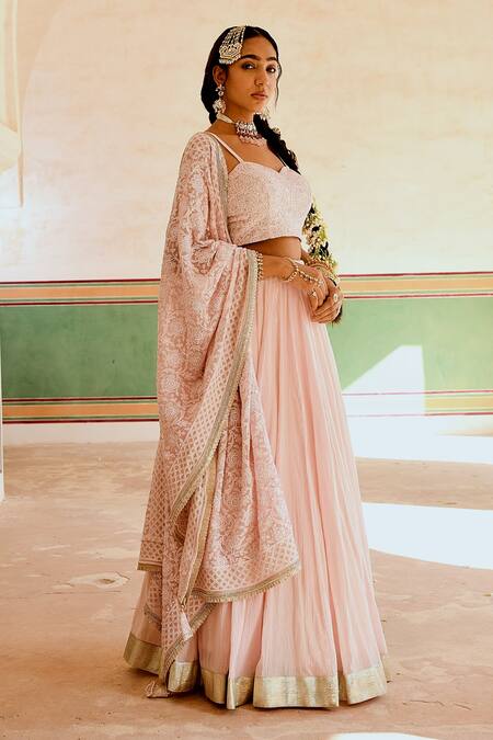 Buy Karaj Jaipur Pink Georgette, Cotton Pleated Lehenga And Floral Chikankari Blouse Set Online at Aza Fashions Buy_Karaj Jaipur_Pink Georgette, Cotton Pleated Lehenga And Floral Chikankari Blouse Set _Online_at_Aza_Fashions