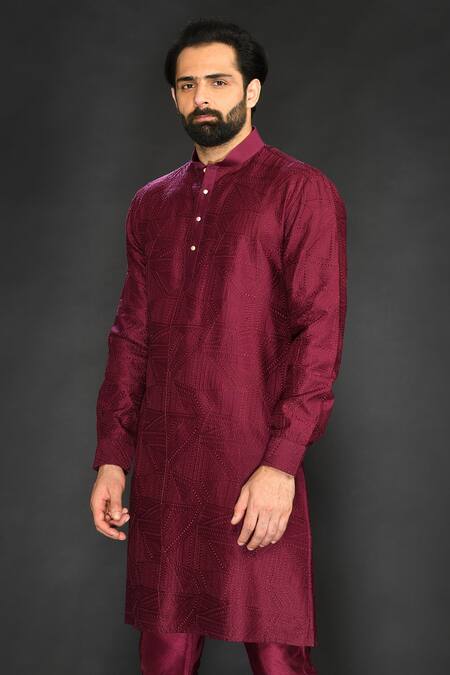 Buy_Sammohan Ceremonial_Maroon Viscose Silk Embroidered Thread Work Geometric Kurta Set_Online_at_Aza_Fashions