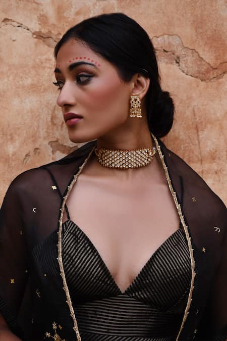 Shop_Deep Thee_Black Chanderi Sequins, Zari Plunge Neck Embroidered Cape And Skirt Set _Online_at_Aza_Fashions