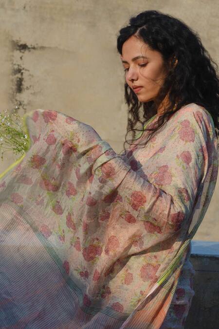 Studio Malang Multi Color Tissue Silk Block Print Rose Saree at Aza Fashions Studio Malang_Multi Color Tissue Silk Block Print Rose Saree_at_Aza_Fashions