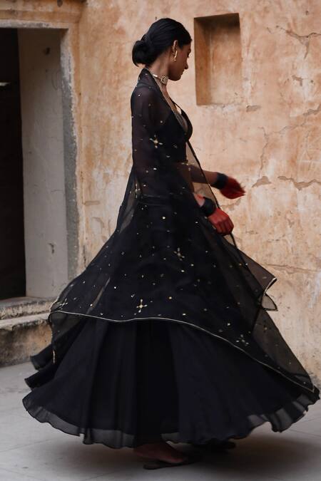 Deep Thee_Black Chanderi Sequins, Zari Plunge Neck Embroidered Cape And Skirt Set _at_Aza_Fashions