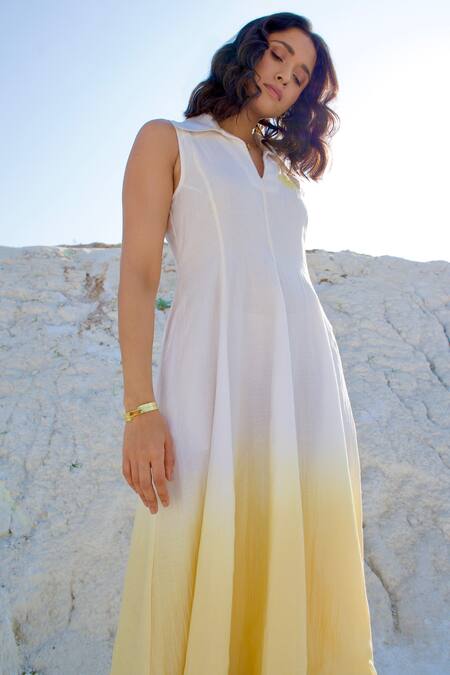 Buy_The Loom Art_White Chanderi Silk Embroidery Collared Ombre Panel Dress _Online_at_Aza_Fashions