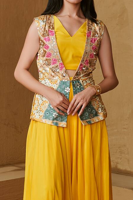 Studio Radical Yellow Silk Satin, Crepe Sequins, Embroidery, Printed Peplum Jacket Pant Set Online at Aza Fashions Studio Radical_Yellow Silk Satin, Crepe Sequins, Embroidery, Printed Peplum Jacket Pant Set _Online_at_Aza_Fashions