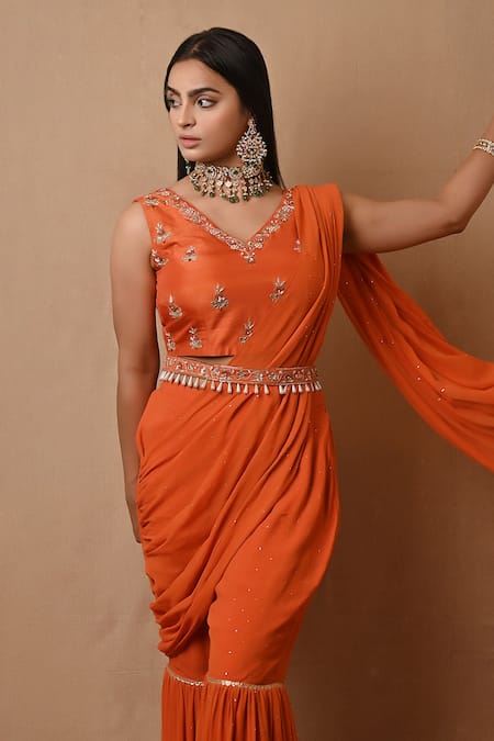 Buy_Label Nitisha_Orange Georgette, Silk Mirrors, Sequins, Pre-draped Pant Saree And Blouse Set _Online_at_Aza_Fashions
