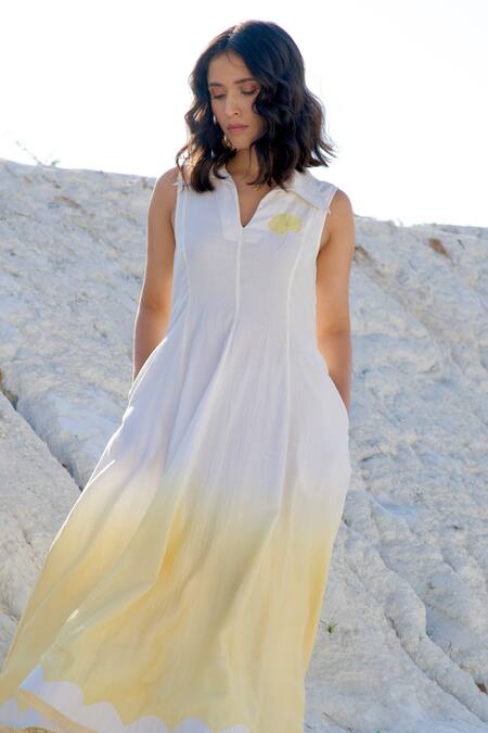 Shop_The Loom Art_White Chanderi Silk Embroidery Collared Ombre Panel Dress _Online_at_Aza_Fashions