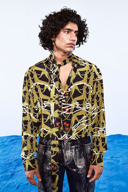 Triune_Black Bemberg Modal Printed Digital Leopard Runway Shirt_Online_at_Aza_Fashions