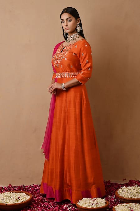 Label Nitisha_Orange Silk, Net Sequins, Zari, Gota Patti, Yoke Anarkali With Dupatta _Online_at_Aza_Fashions