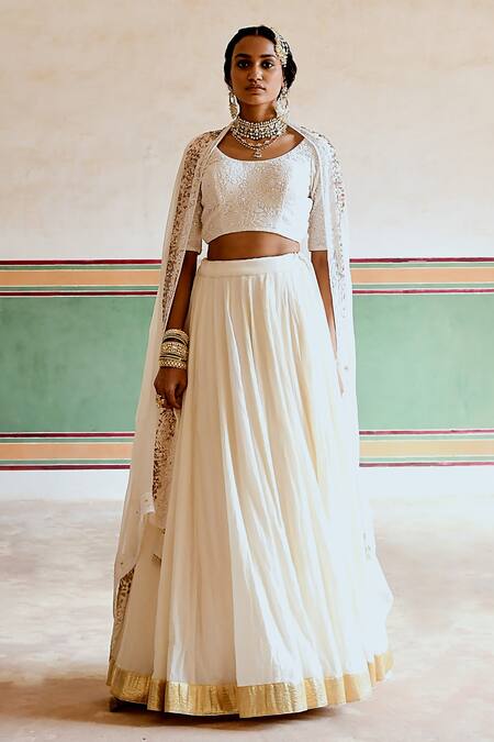 Buy_Karaj Jaipur_Cream Georgette, Cotton, Crepe Embroidery, Tassels Round Neck Blouse Lehenga Set _Online_at_Aza_Fashions
