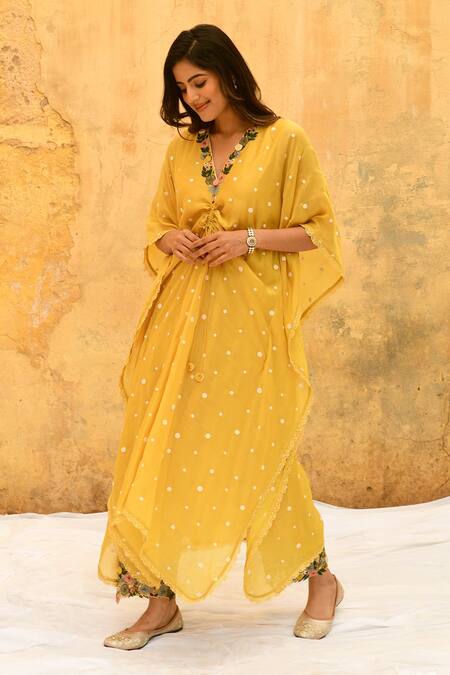 Label Niti Bothra_Yellow Silk, Bamboo Embroidery V-neck 3d Rosette Motif Kaftan With Palazzo _Online_at_Aza_Fashions