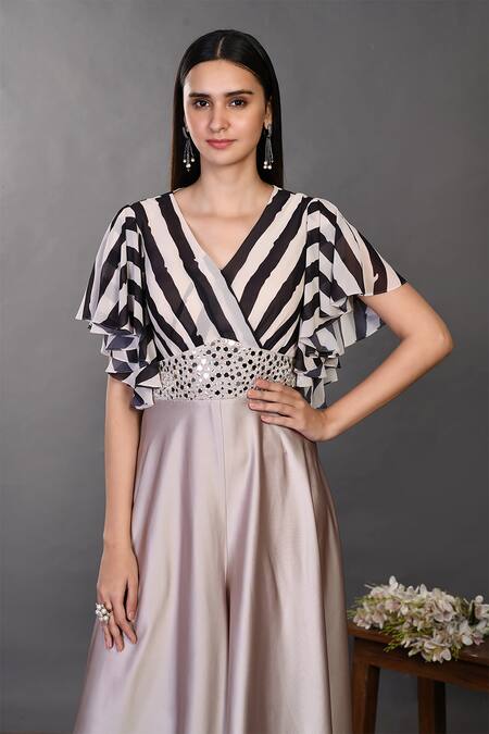 Onaya_Black Georgette And Satin Striped V Neck Bodice Flared Jumpsuit_Online_at_Aza_Fashions