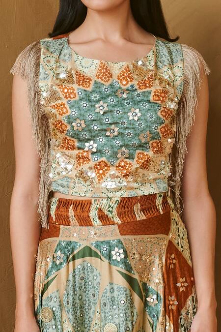 Studio Radical_Multi Color Silk Satin Sequins, Fringe Round Marrakech Print Top And Skirt Set_Online_at_Aza_Fashions