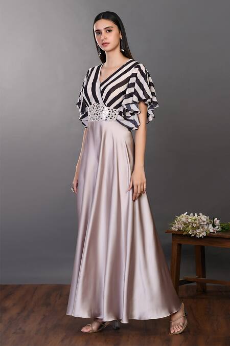 Buy_Onaya_Black Georgette And Satin Striped V Neck Bodice Flared Jumpsuit_Online_at_Aza_Fashions