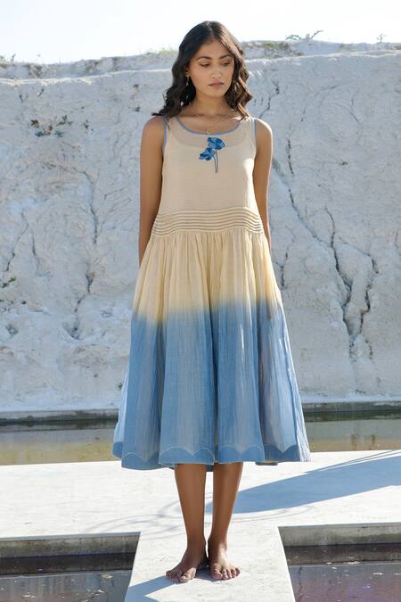 The Loom Art_Blue Chanderi Silk Embroidery Boat Neck Ombre Dress _Online_at_Aza_Fashions