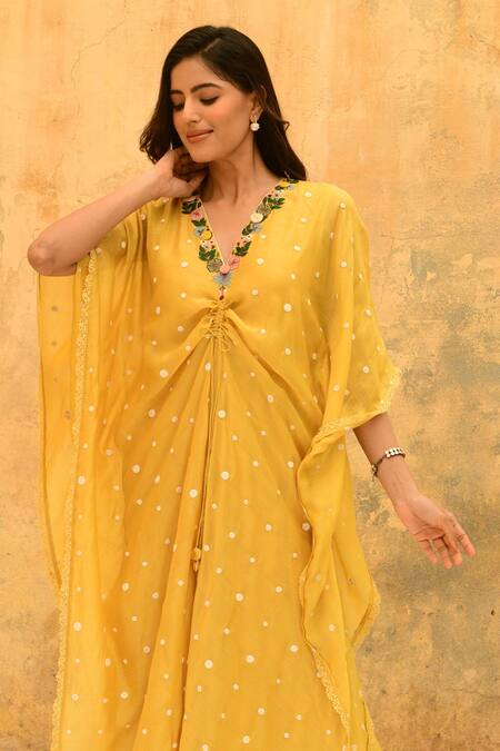 Buy_Label Niti Bothra_Yellow Silk, Bamboo Embroidery V-neck 3d Rosette Motif Kaftan With Palazzo _Online_at_Aza_Fashions