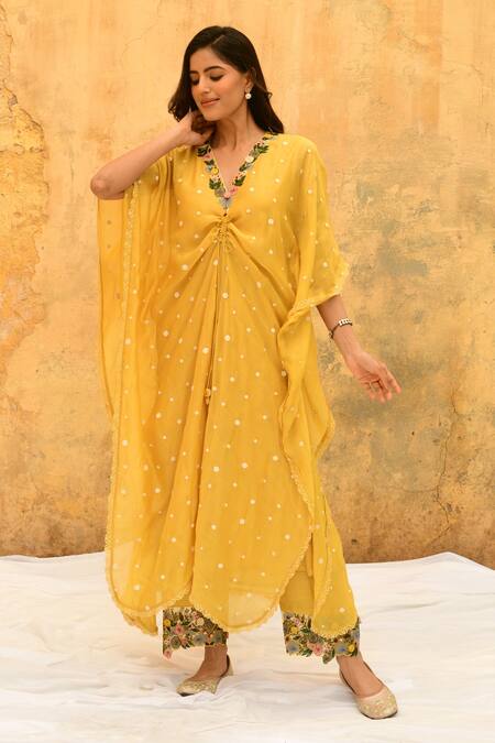 Shop_Label Niti Bothra_Yellow Silk, Bamboo Embroidery V-neck 3d Rosette Motif Kaftan With Palazzo _Online_at_Aza_Fashions