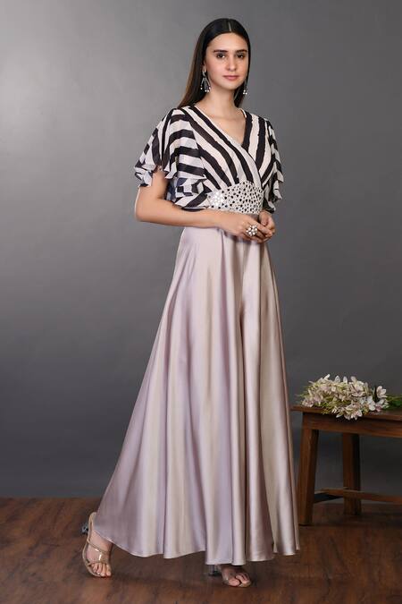 Shop_Onaya_Black Georgette And Satin Striped V Neck Bodice Flared Jumpsuit_Online_at_Aza_Fashions