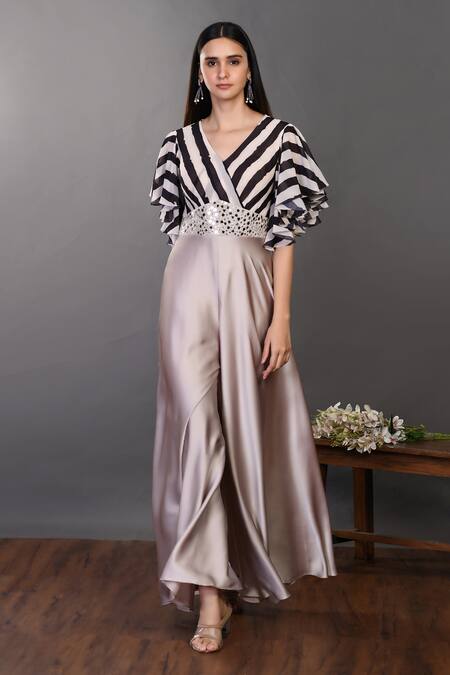 Onaya_Black Georgette And Satin Striped V Neck Bodice Flared Jumpsuit_at_Aza_Fashions