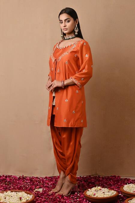 Buy_Label Nitisha_Orange Cotton, Silk Embroidery, Cut Work, Sequins, Jacket Dhoti Pant Set _Online_at_Aza_Fashions