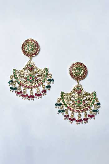 Zevar By Geeta_Gold Plated Stones, Pearls Jadau Kundan And Dangler Earrings _Online_at_Aza_Fashions