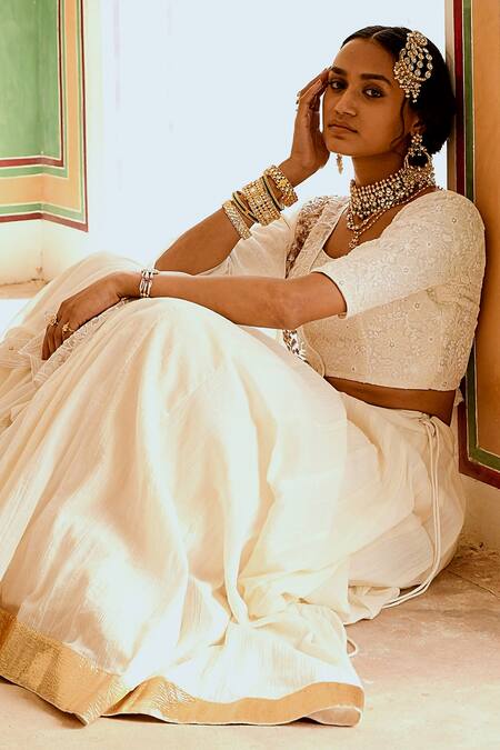 Buy_Karaj Jaipur_Cream Georgette, Cotton, Crepe Embroidery, Tassels Round Neck Blouse Lehenga Set 