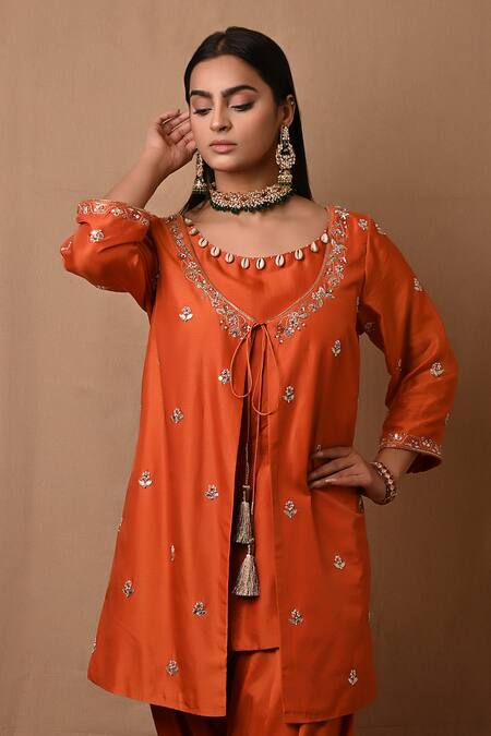 Shop_Label Nitisha_Orange Cotton, Silk Embroidery, Cut Work, Sequins, Jacket Dhoti Pant Set _Online_at_Aza_Fashions