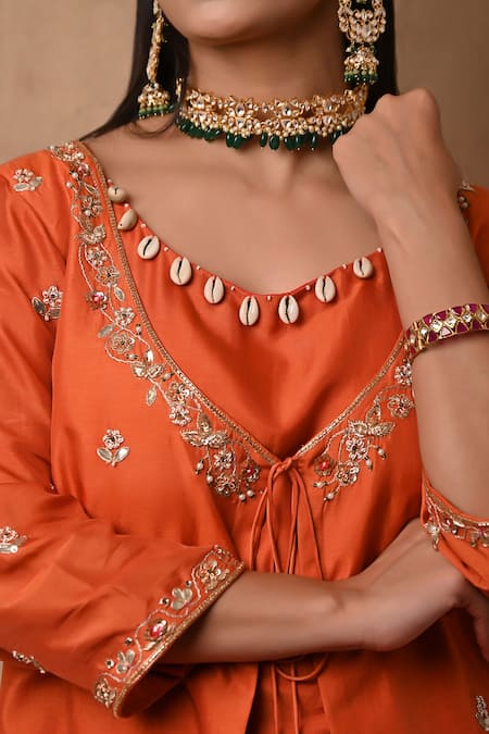 Label Nitisha_Orange Cotton, Silk Embroidery, Cut Work, Sequins, Jacket Dhoti Pant Set _at_Aza_Fashions