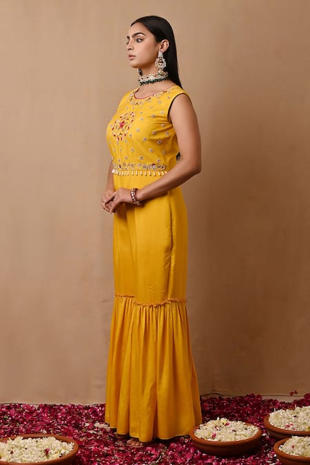 Label Nitisha_Yellow Silk Sequins, Pearls, Cut Work Round Zardozi Embroidered Yoke Jumpsuit _Online_at_Aza_Fashions