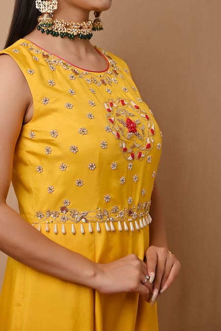 Buy_Label Nitisha_Yellow Silk Sequins, Pearls, Cut Work Round Zardozi Embroidered Yoke Jumpsuit _Online_at_Aza_Fashions