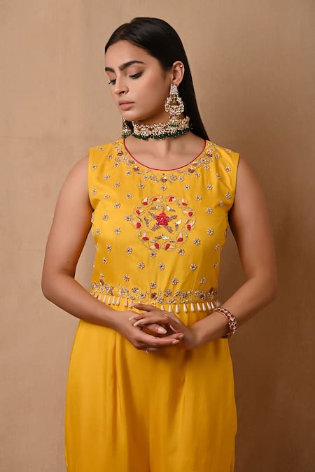 Shop_Label Nitisha_Yellow Silk Sequins, Pearls, Cut Work Round Zardozi Embroidered Yoke Jumpsuit _Online_at_Aza_Fashions
