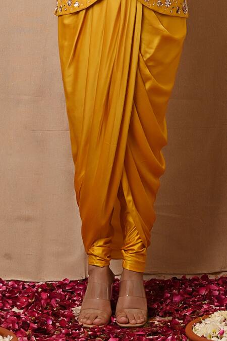 Label Nitisha_Yellow Satin, Silk, Lycra Sequins, Embroidered Jacket And Draped Dhoti Pant Set _Online_at_Aza_Fashions