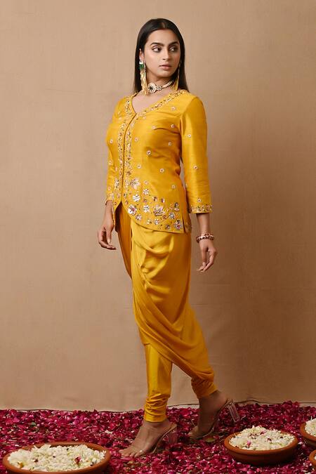 Buy_Label Nitisha_Yellow Satin, Silk, Lycra Sequins, Embroidered Jacket And Draped Dhoti Pant Set _Online_at_Aza_Fashions