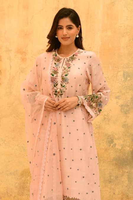 Label Niti Bothra_Pink Silk, Brocade Embroidery Round Neck Rosette And Floral Kurta Set _Online_at_Aza_Fashions