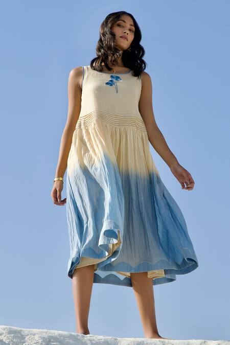 The Loom Art_Blue Chanderi Silk Embroidery Boat Neck Ombre Dress _at_Aza_Fashions