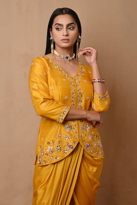 Shop_Label Nitisha_Yellow Satin, Silk, Lycra Sequins, Embroidered Jacket And Draped Dhoti Pant Set _Online_at_Aza_Fashions