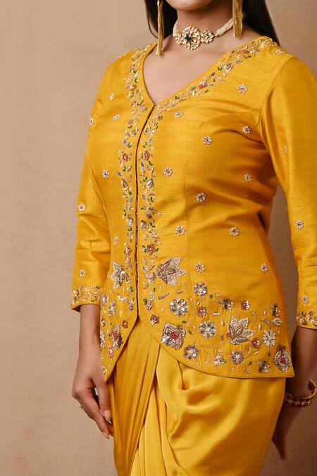 Label Nitisha_Yellow Satin, Silk, Lycra Sequins, Embroidered Jacket And Draped Dhoti Pant Set _at_Aza_Fashions