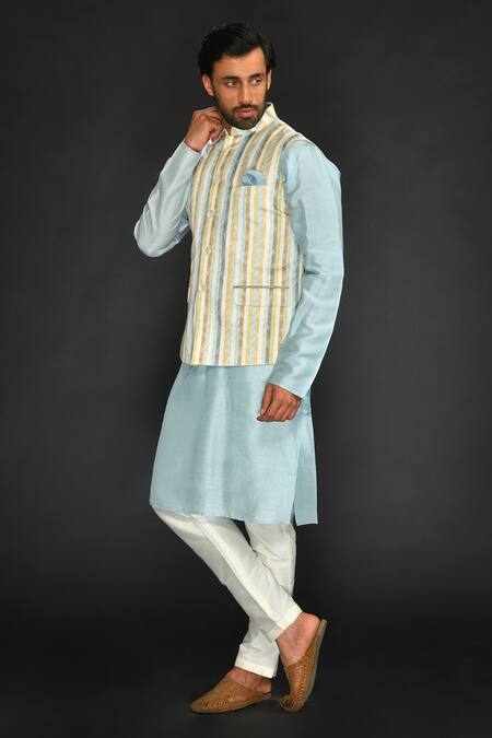 Sammohan Ceremonial_Sky Blue Vis Silk And Spun  Lining 100% Print Bundi & Kurta Set_Online_at_Aza_Fashions
