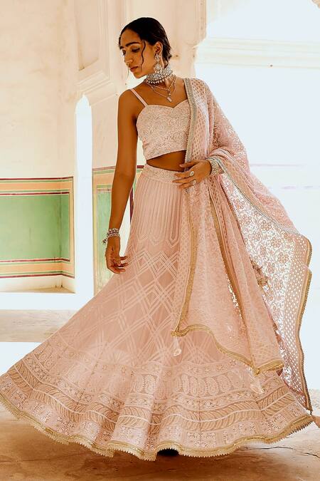 Buy_Karaj Jaipur_Pink Georgette Embroidery, Tassels Sweetheart Neck Chikankari Lehenga Set _Online_at_Aza_Fashions