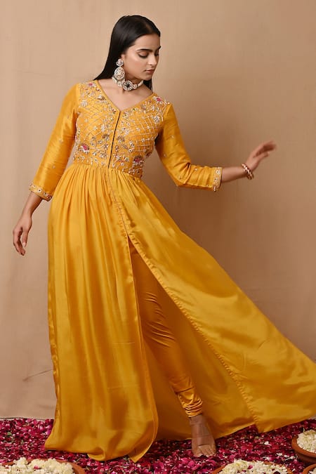 Label Nitisha_Yellow Lycra, Hemp, Silk Pearls, Sequins Floral Embroidered Slit Tunic Set _Online_at_Aza_Fashions