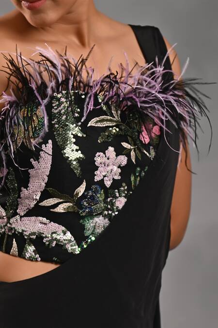 Shop_Jyoti Sachdev Iyer_Black Crepe, Silk Sequins, Feathers Ombre Pre-draped Saree With Corset _Online_at_Aza_Fashions