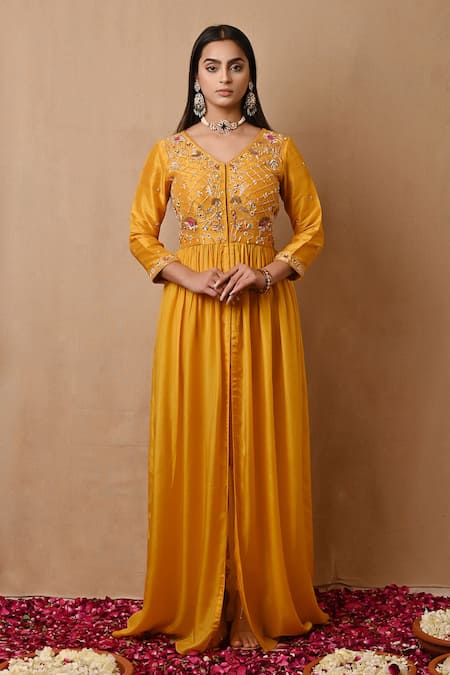 Shop_Label Nitisha_Yellow Lycra, Hemp, Silk Pearls, Sequins Floral Embroidered Slit Tunic Set _Online_at_Aza_Fashions