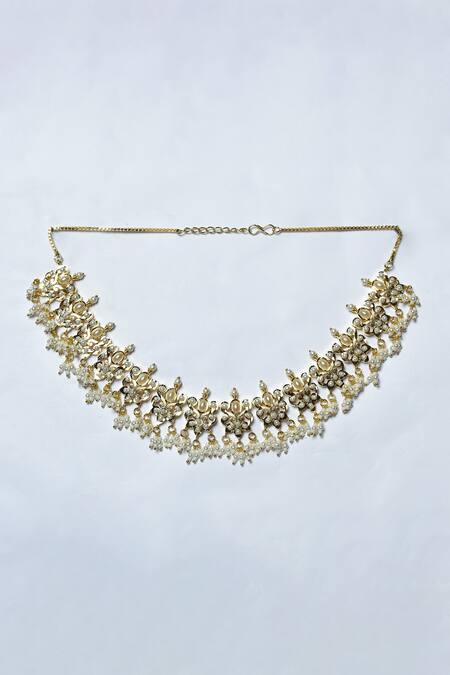 Zevar By Geeta_Gold Plated Pearls Jadau And Embellished Choker Set_Online_at_Aza_Fashions